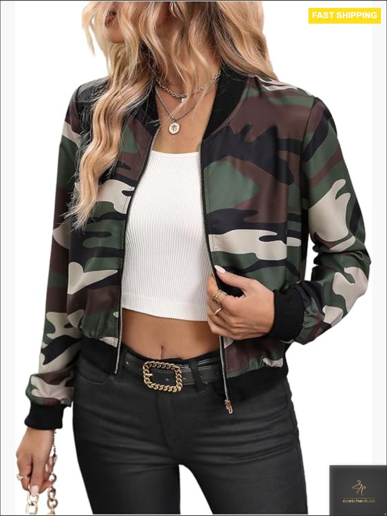 Camo Print Zip Up Bomber Jacket Lightweight Collared Neck Long Sleeve Casual